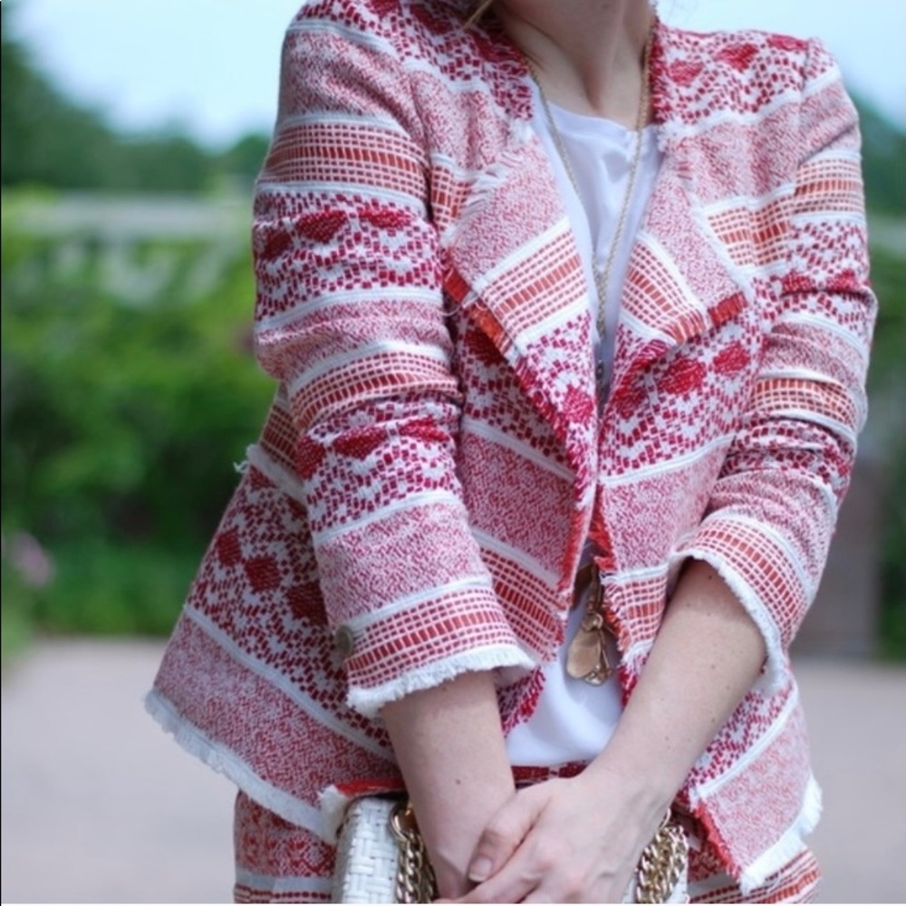 Women’s Red Patterned Open-Front Jacket - Picture 2 of 8